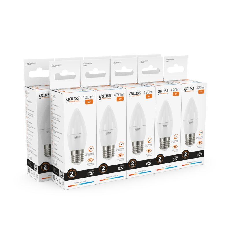 Лампа светодиодная Elementary 6Вт свеча 3000К тепл. бел. E27 420лм 180-240В Gauss 33216