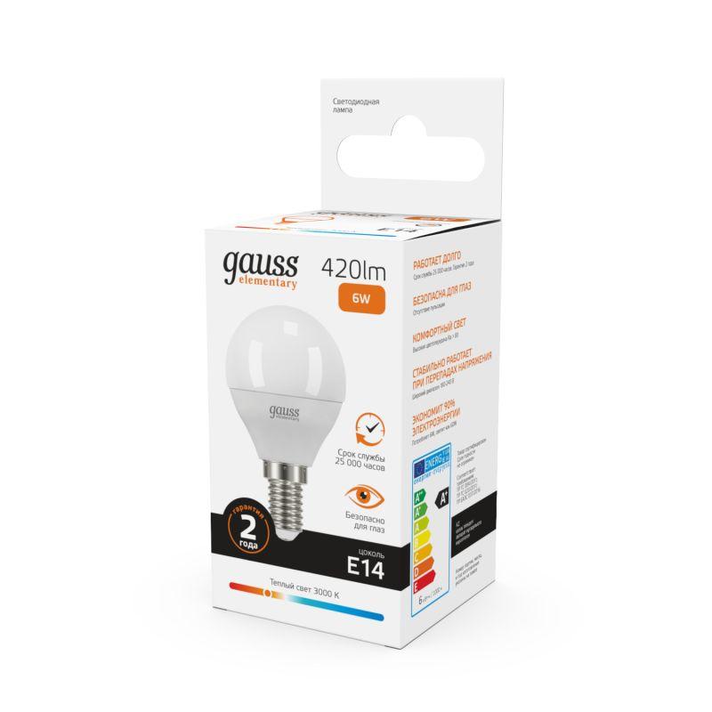 Лампа светодиодная Elementary 6Вт шар 3000К тепл. бел. E14 420лм 180-240В Gauss 53116