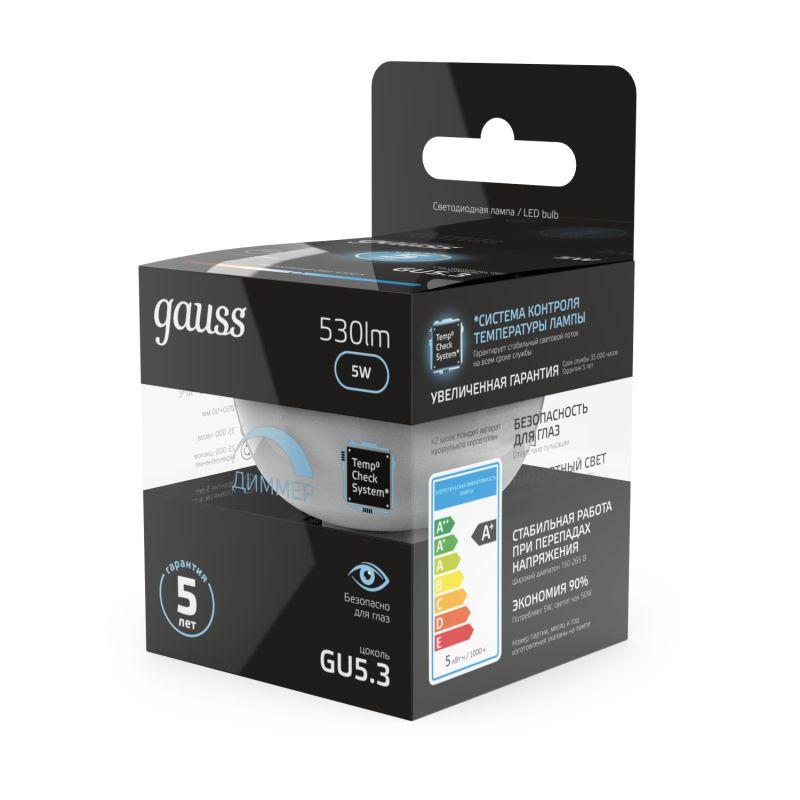 Лампа светодиодная Black MR16 5Вт 4100К бел. GU5.3 530лм 180-265В диммир. Gauss 101505205-D