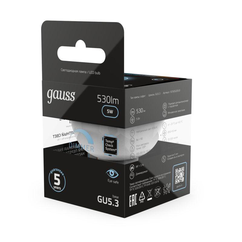 Лампа светодиодная Black MR16 5Вт 4100К бел. GU5.3 530лм 180-265В диммир. Gauss 101505205-D