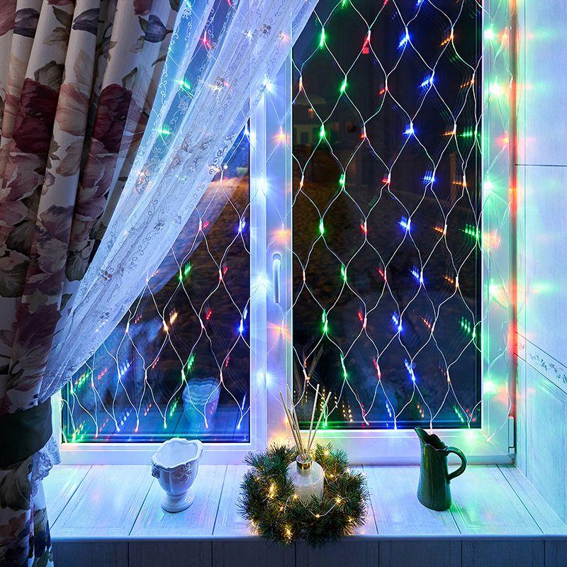 Гирлянда-сеть домашняя светодиодная 1.5х1.5м свечение с динамикой прозрачный провод мультиколор (215-129)