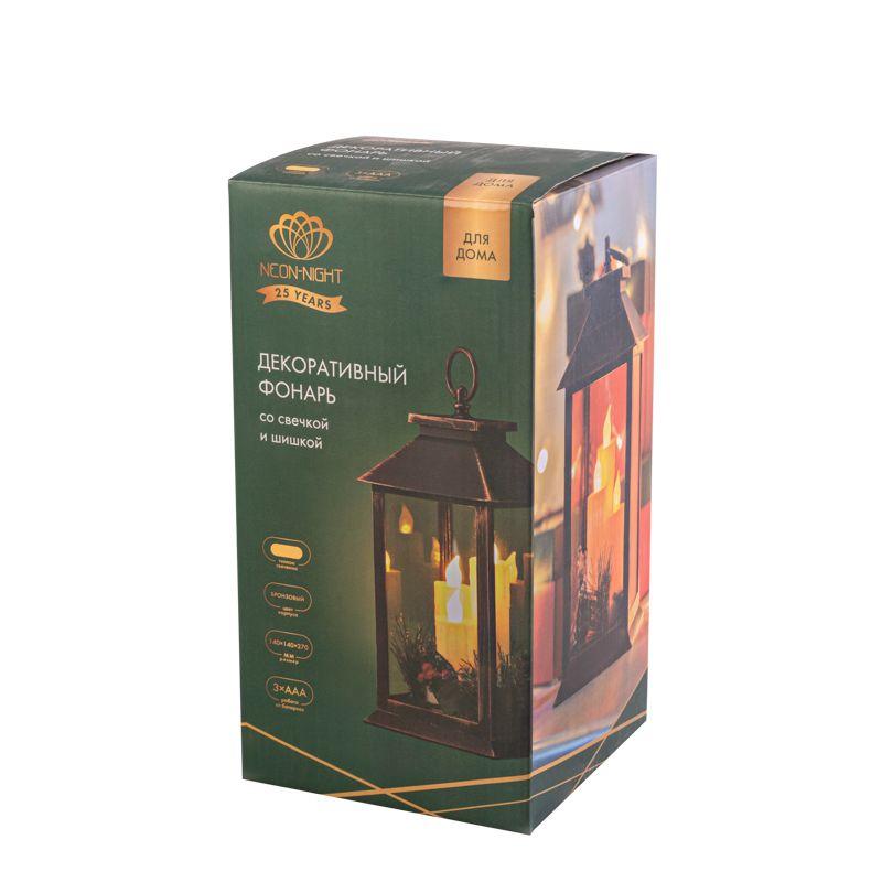 Фонарь декоративный 14х14х27см тепл. бел. со свечкой и шишкой корпус бронз. Neon-Night 513-048