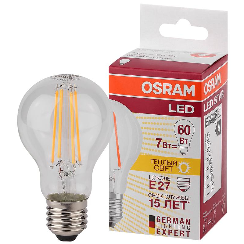 Лампа светодиодная филаментная LED STAR CLASSIC A 60 7W/827 230V FIL FS1 E27 OSRAM 4058075055315