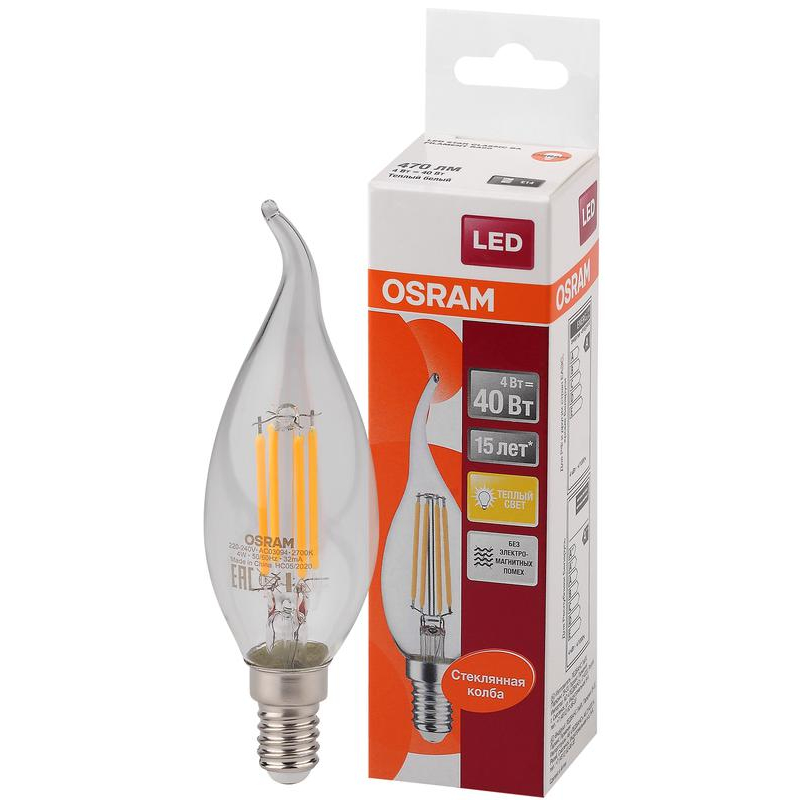 Лампа светодиодная филаментная LED STAR CLASSIC BA 40 4W/827 230V FIL FS1 E14 OSRAM 4058075055452