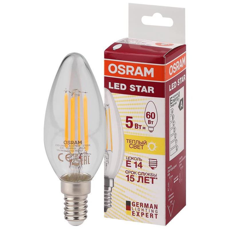 Лампа светодиодная филаментная LED STAR CLASSIC B 60 5W/827 5Вт свеча 2700К тепл. бел. E14 660лм 220-240В прозр. стекло OSRAM 4058075116672