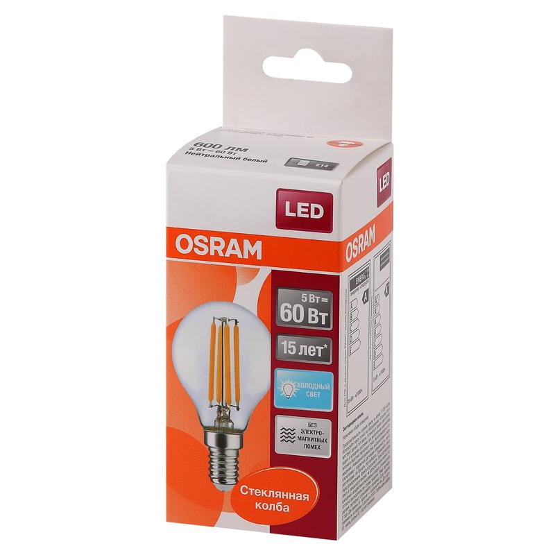 Лампа светодиодная LED 5Вт E14 CLP60 белый, Filament прозр.шар OSRAM (4058075212480)