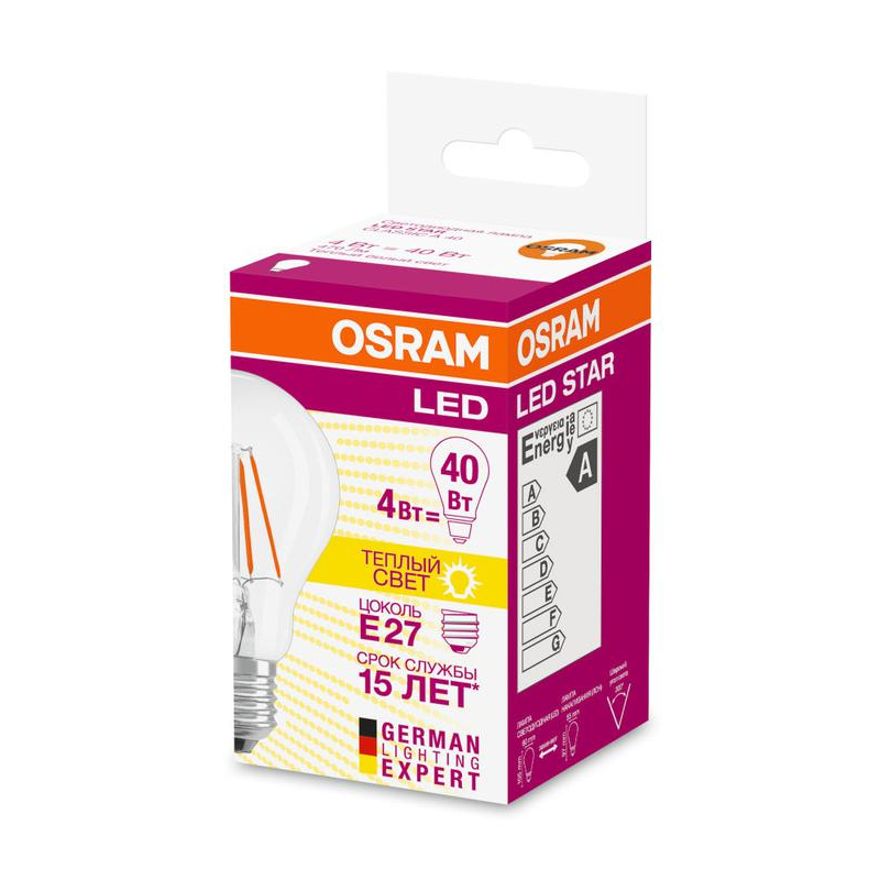 Лампа светодиодная филаментная LED STAR CLASSIC A 40 4W/827 FIL FS1 грушевидная E27 230В OSRAM 4058075055292