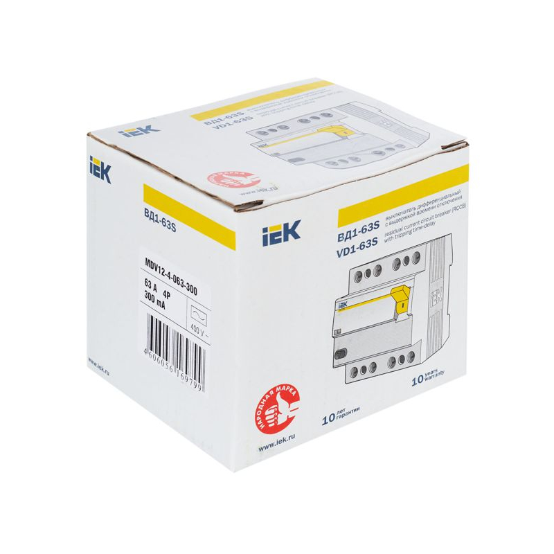 Выключатель дифференциальный (УЗО) ВД1-63S 4Р 63А 300мА IEK