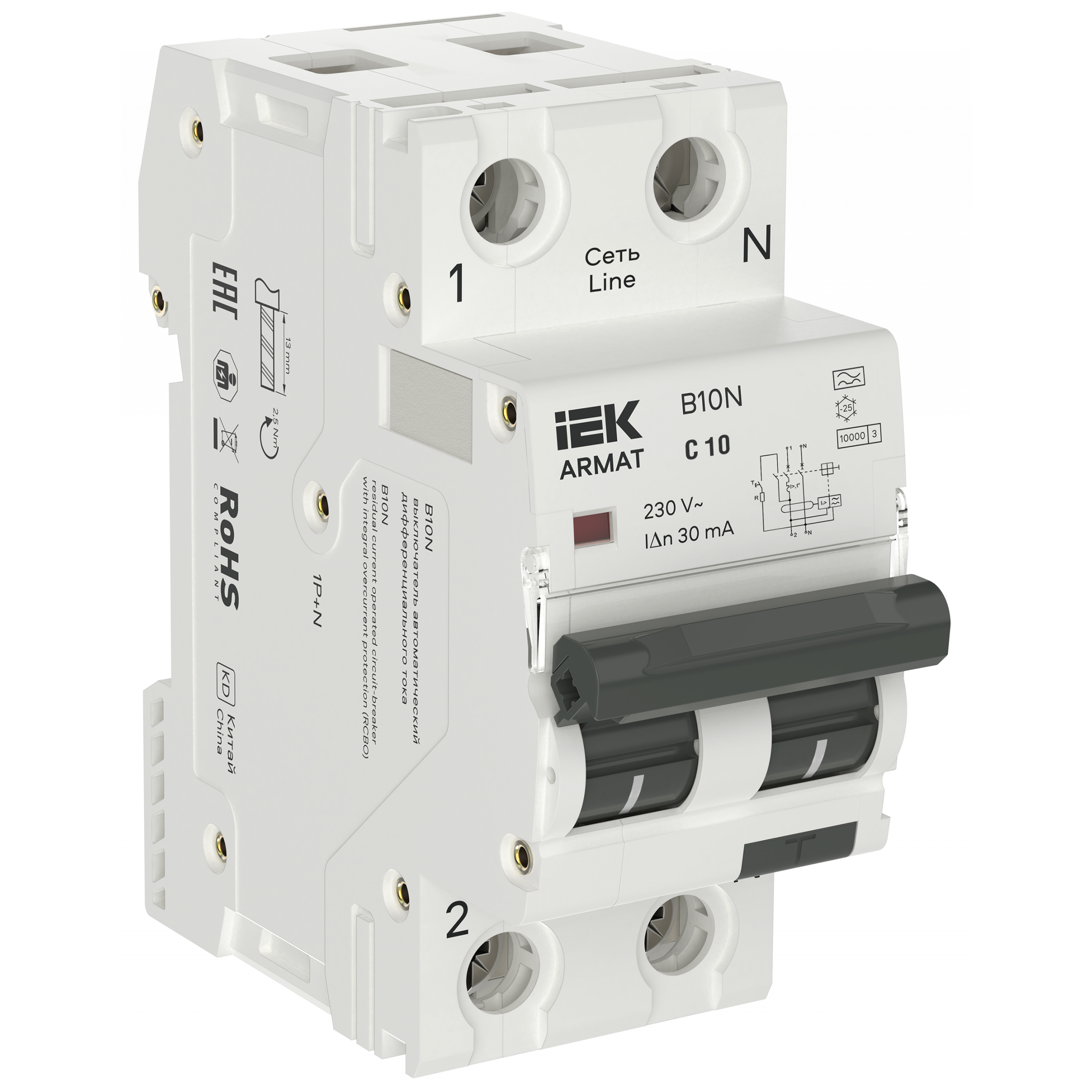 ARMAT Автоматический выключатель дифференциального тока B10N 1P+NP C10 30мА тип A (36мм) IEK