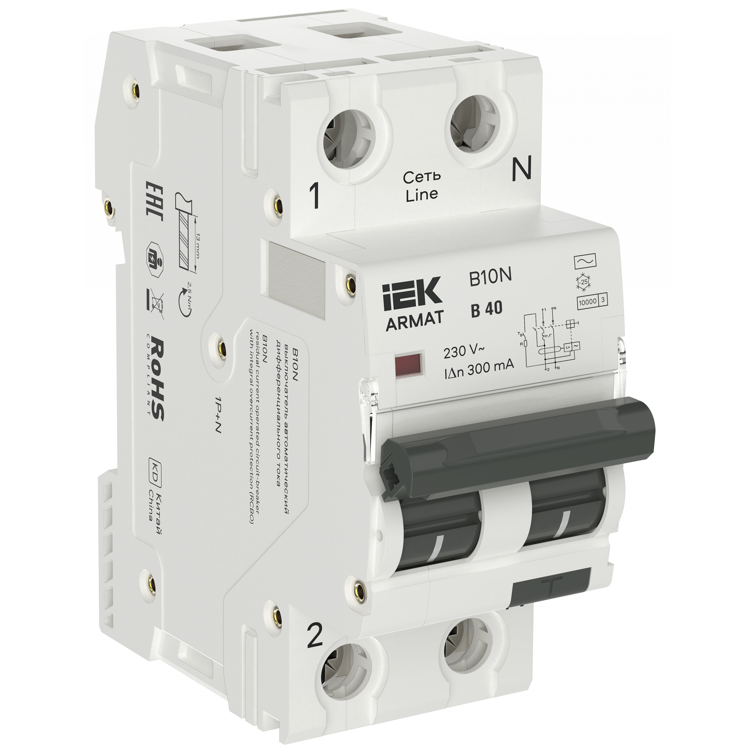 ARMAT Автоматический выключатель дифференциального тока B10N 1P+NP B40 300мА тип AC (36мм) IEK