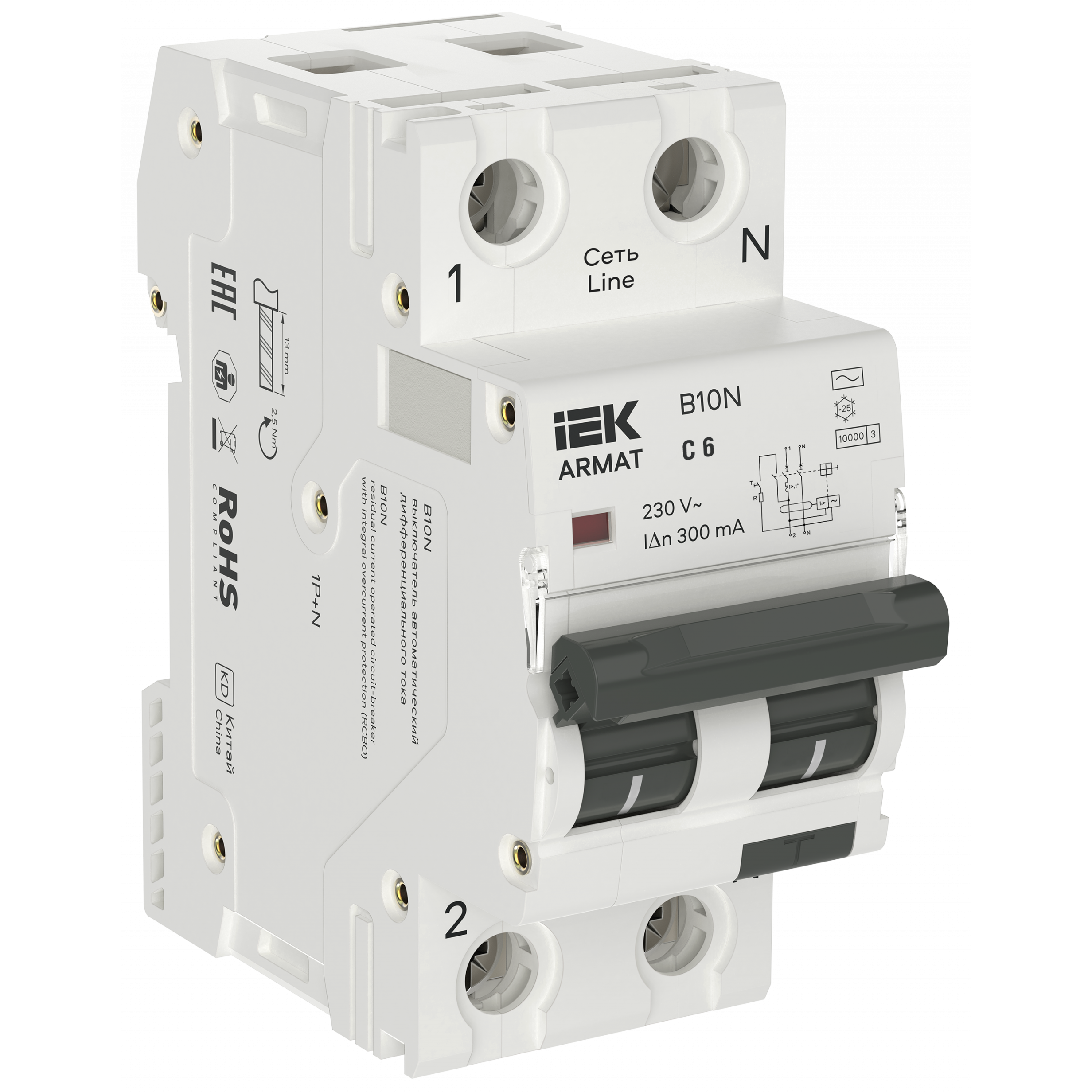 ARMAT Автоматический выключатель дифференциального тока B10N 1P+NP C6 300мА тип AC (36мм) IEK