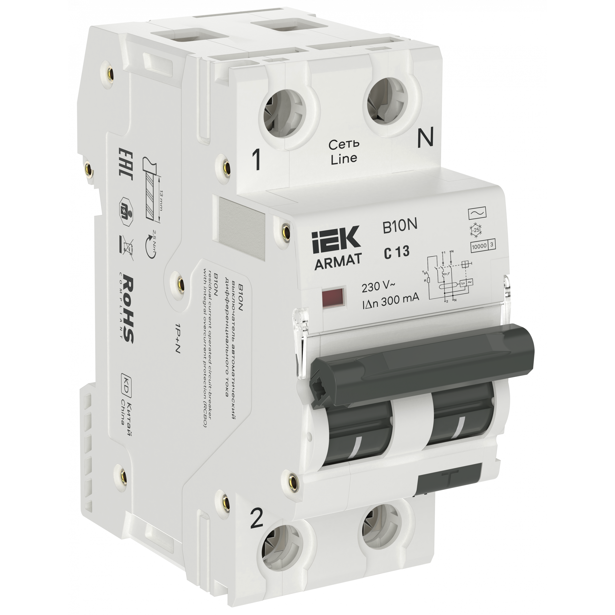 ARMAT Автоматический выключатель дифференциального тока B10N 1P+NP C13 300мА тип AC (36мм) IEK