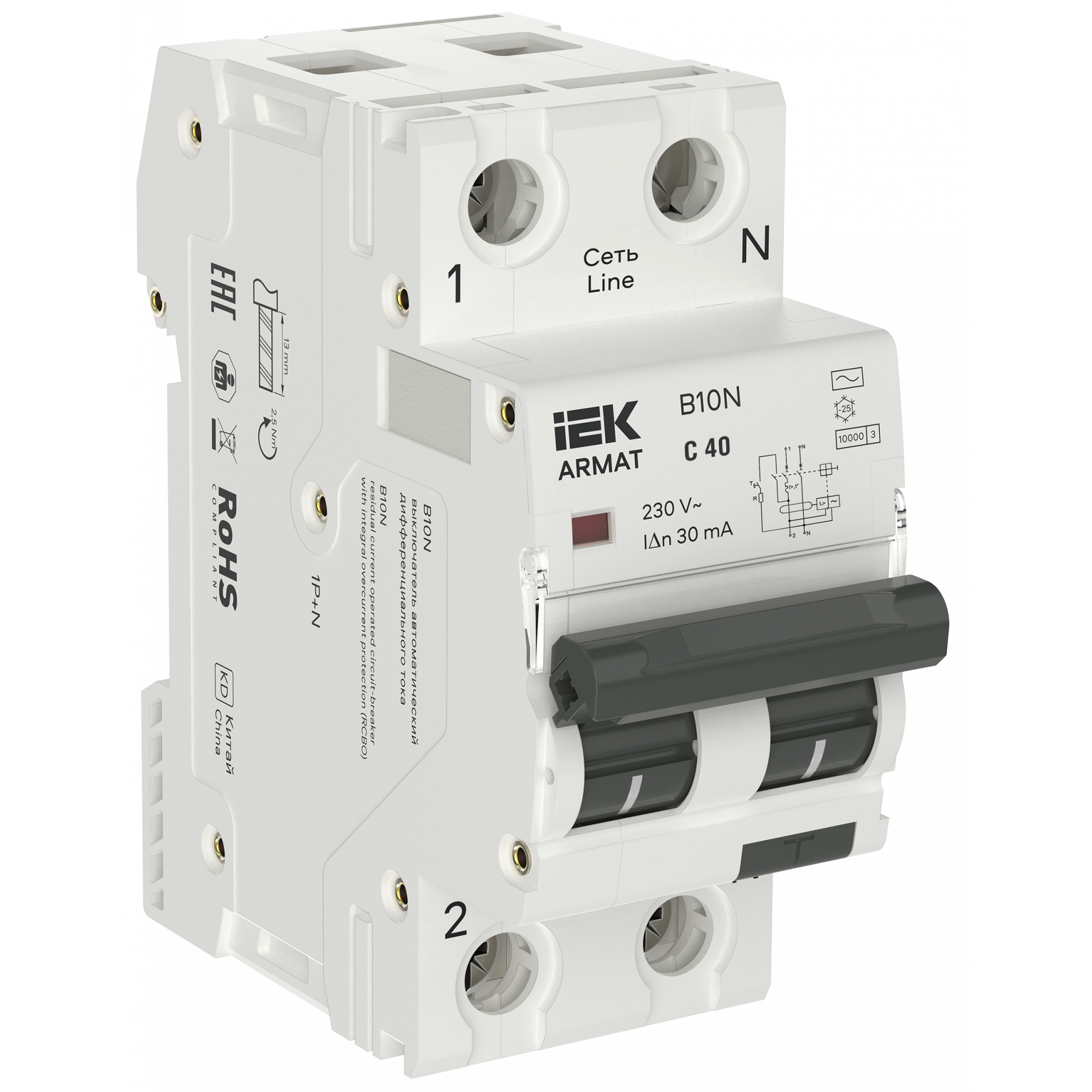 ARMAT Автоматический выключатель дифференциального тока B10N 1P+NP C40 30мА тип AC (36мм) IEK