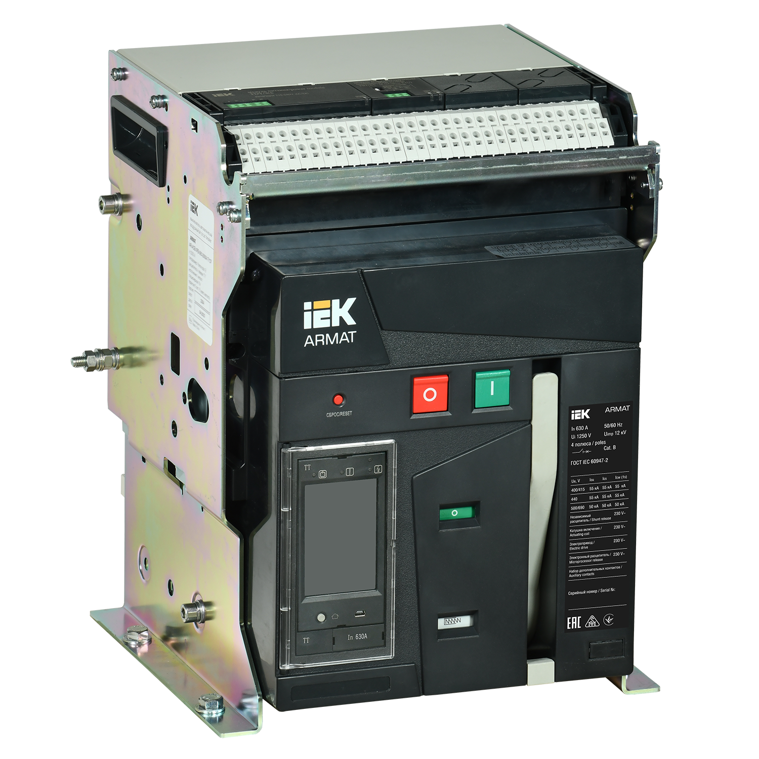 ARMAT AR-A2C TT06 3P F HR Выключатель автоматический воздушный 55кА расцепитель TT 630А 3P стационарный с аксессуарами ~220-240В: реле отключения, реле включения, моторный привод IEK