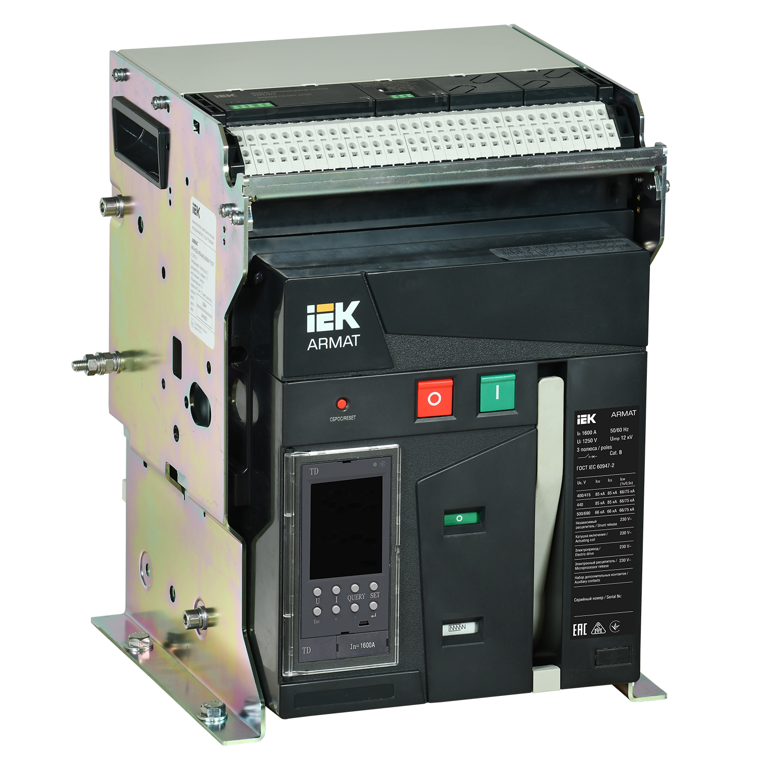 ARMAT AR-A2S TD16 3P F HR Выключатель автоматический воздушный 85кА расцепитель TD 1600А 3P стационарный с аксессуарами ~220-240В: реле отключения, реле включения, моторный привод IEK