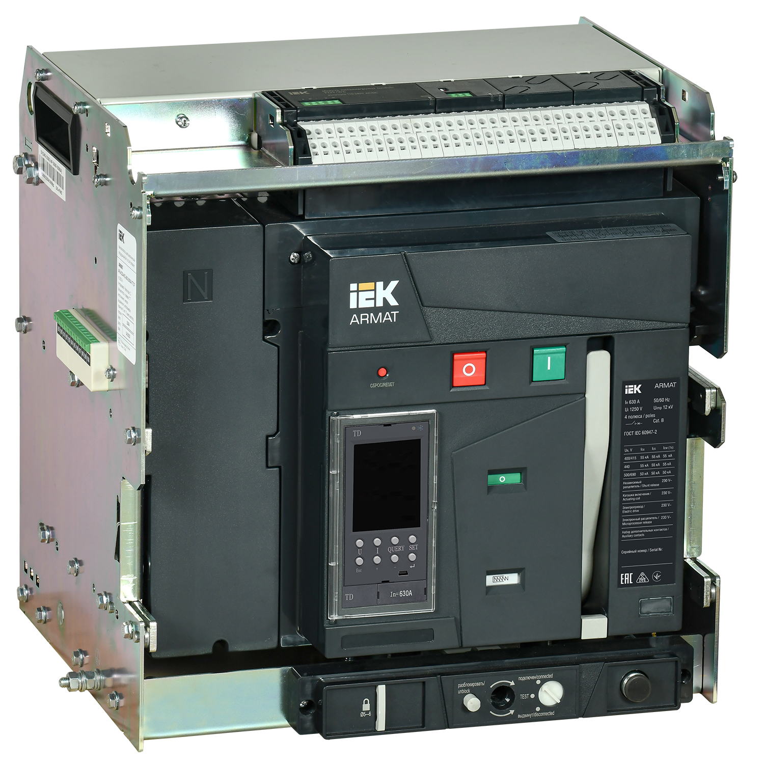 ARMAT AR-A2C TD06 4P W HR/VR Выключатель автоматический воздушный 55кА расцепитель TD 630А 4P выдвижной с аксессуарами ~220-240В: реле отключения, реле включения, моторный привод IEK