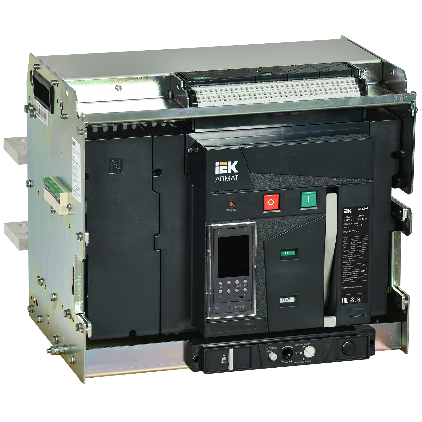 ARMAT AR-A4S TD40 4P W HR Выключатель автоматический воздушный 85кА расцепитель TD 4000А 4P выдвижной с аксессуарами ~220-240В: реле отключения, реле включения, моторный привод IEK