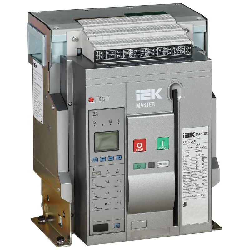 Воздушный автоматический выключатель переменного тока ВА77 стационарного исполнения 3 полюса типоразмер A 65кА 1600А EA с набором аксессуаров: мотор привод катушка включения катушка отключения MASTER IEK
