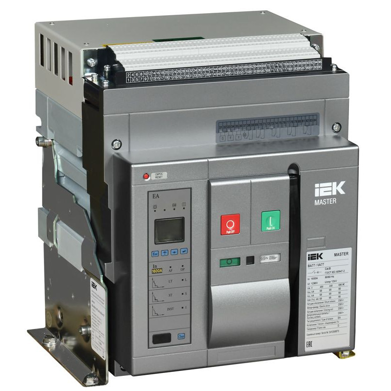 Воздушный автоматический выключатель переменного тока ВА77 стационарного исполнения 3 полюса типоразмер D 65кА 1600А EA с набором аксессуаров: мотор привод катушка включения катушка отключения MASTER IEK