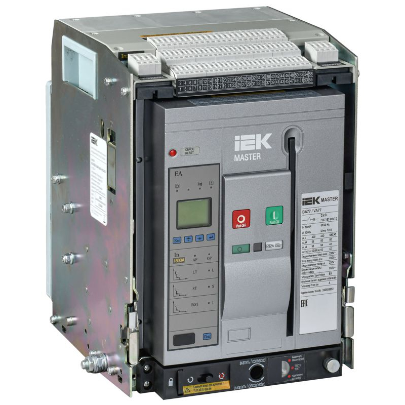 Воздушный автоматический выключатель переменного тока ВА77 выдвижного исполнения 3 полюса типоразмер A 65кА 1000А EA с набором аксессуаров: мотор привод катушка включения катушка отключения MASTER IEK