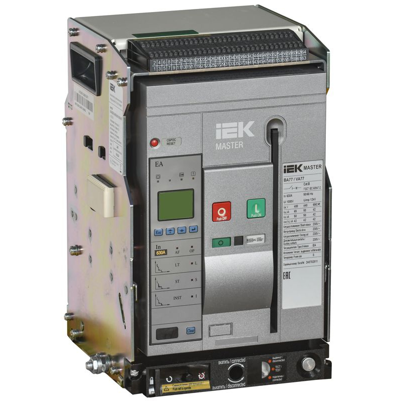 Воздушный автоматический выключатель переменного тока ВА77 выдвижного исполнения 3 полюса типоразмер S 65кА 630А EA с набором аксессуаров: мотор привод катушка включения катушка отключения MASTER IEK