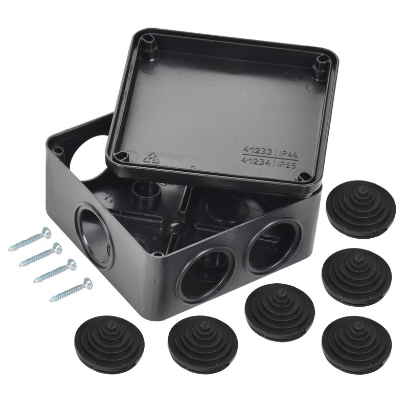 Коробка распаячная КМ41233 для открытой проводки безгалогенная (HF) 100х100х50мм IP44 6 гермовводов черная (RAL 9005) IEK