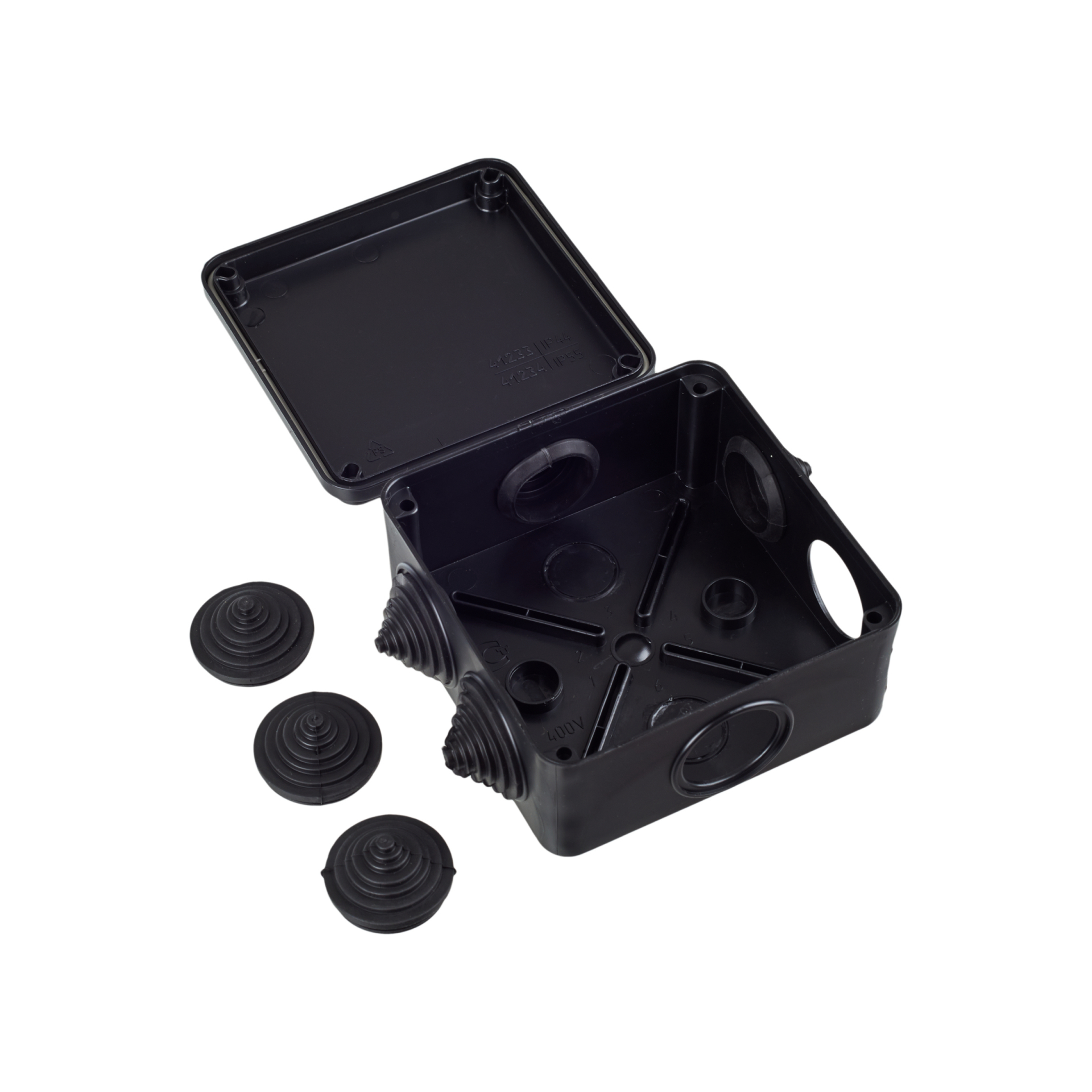 Коробка распаячная КМ41234 для открытой проводки безгалогенная (HF) 100х100х50мм IP55 6 гермовводов черная (RAL 9005) IEK