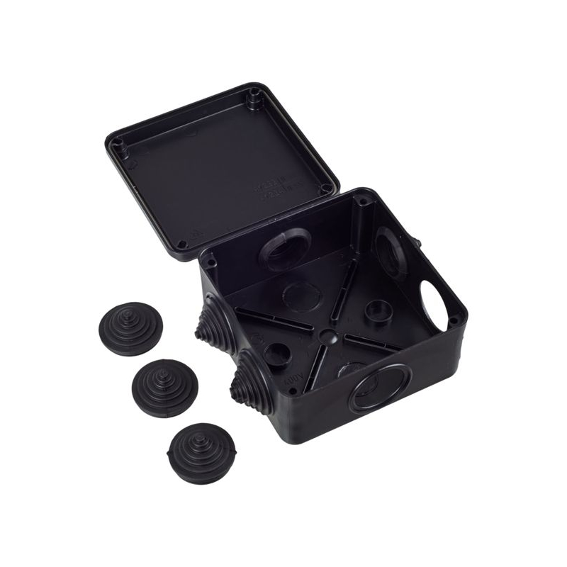 Коробка распаячная КМ41234 для открытой проводки безгалогенная (HF) 100х100х50мм IP55 6 гермовводов черная (RAL 9005) IEK