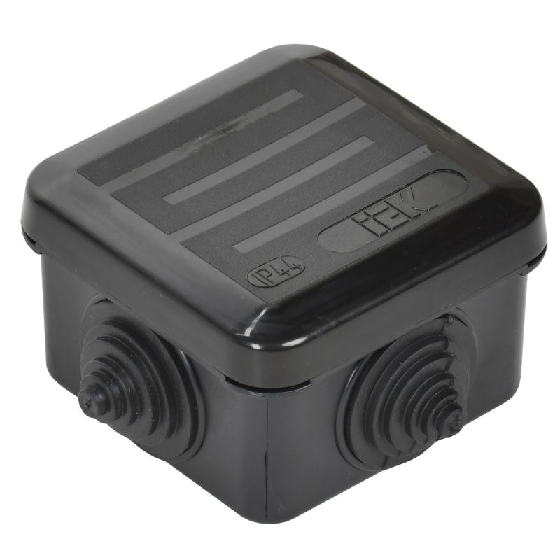 Коробка распаячная КМ41236 для открытой проводки с защелкивающейся крышкой безгалогенная (HF) 70х70х40мм IP44 4 гермовводов черная (RAL 9005) IEK