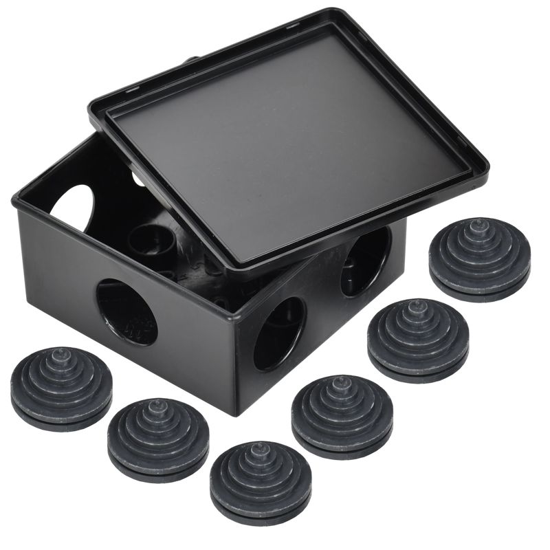 Коробка распаячная КМ41235 для открытой проводки с защелкивающейся крышкой безгалогенная (HF) 85х85х40мм IP44 6 гермовводов черная (RAL 9005) IEK