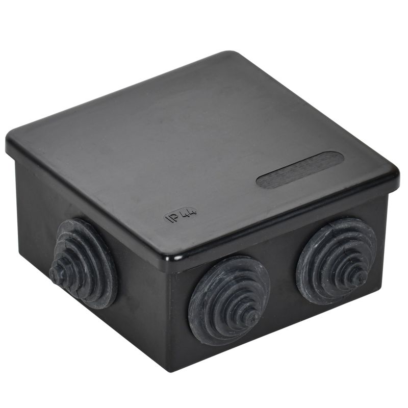 Коробка распаячная КМ41235 для открытой проводки с защелкивающейся крышкой безгалогенная (HF) 85х85х40мм IP44 6 гермовводов черная (RAL 9005) IEK