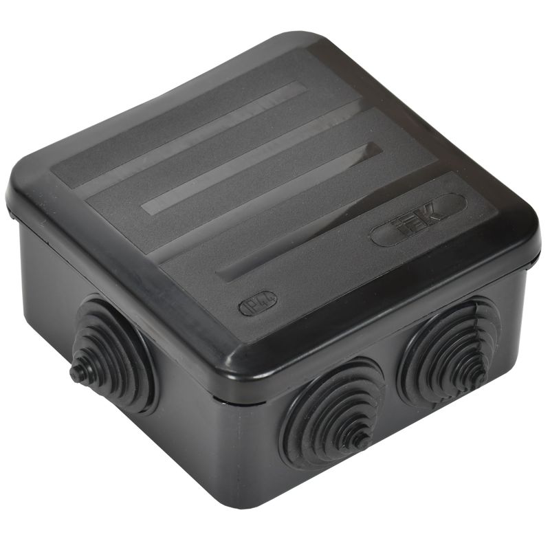 Коробка распаячная КМ41255 для открытой проводки с защелкивающейся крышкой безгалогенная (HF) 100х100х50мм IP44 6 гермовводов черная (RAL 9005) IEK