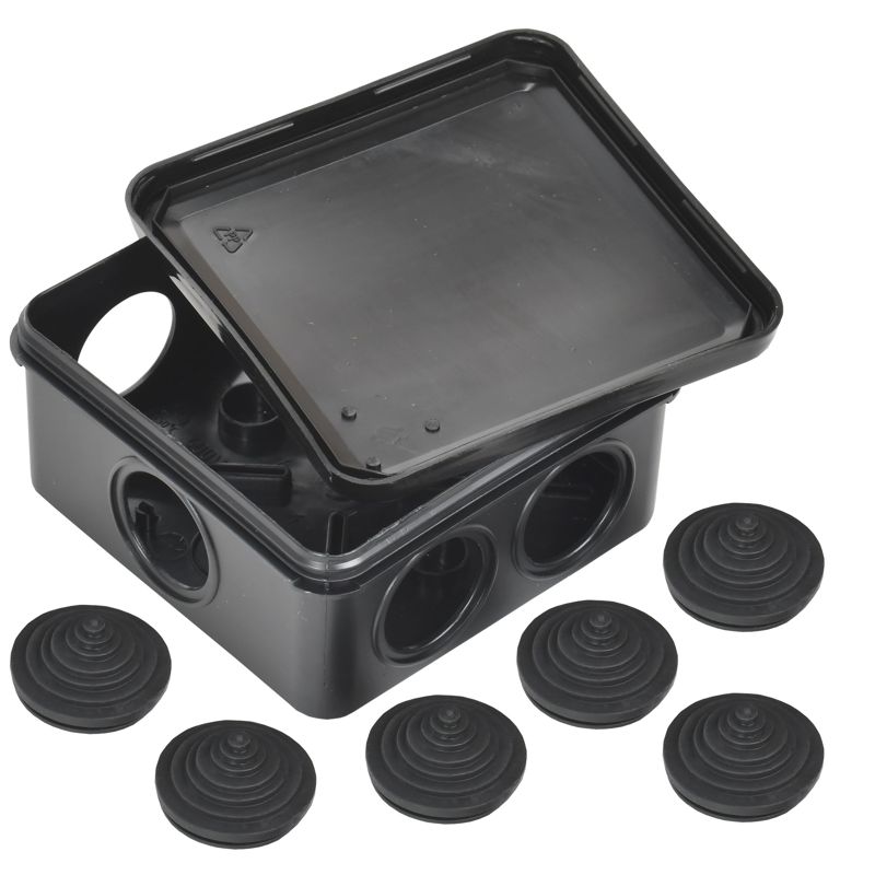 Коробка распаячная КМ41255 для открытой проводки с защелкивающейся крышкой безгалогенная (HF) 100х100х50мм IP44 6 гермовводов черная (RAL 9005) IEK