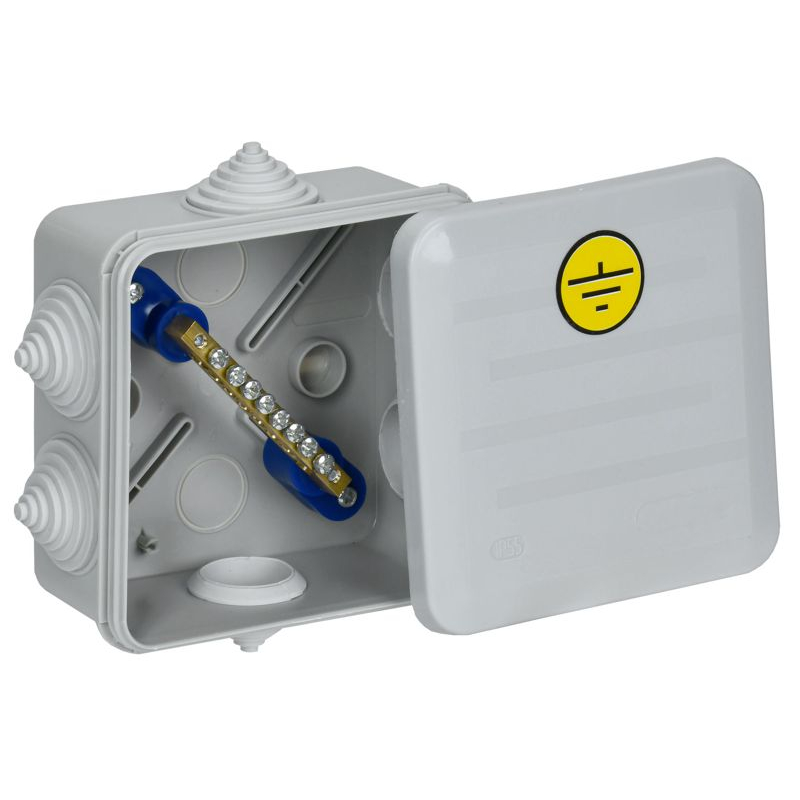 Коробка уравнивания потенциалов КУП КМ41361 с защелкивающейся крышкой безгалогенная (HF) 100х100х50мм IP44 6 гермовводов (RAL 7035) IEK