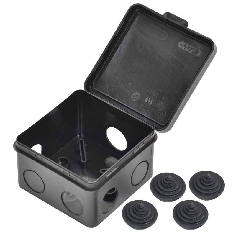 Коробка распаячная КМ41238 для открытой проводки с откидной крышкой безгалогенная (HF) 80х80х50мм IP54 7 гермовводов черная (RAL 9005) IEK