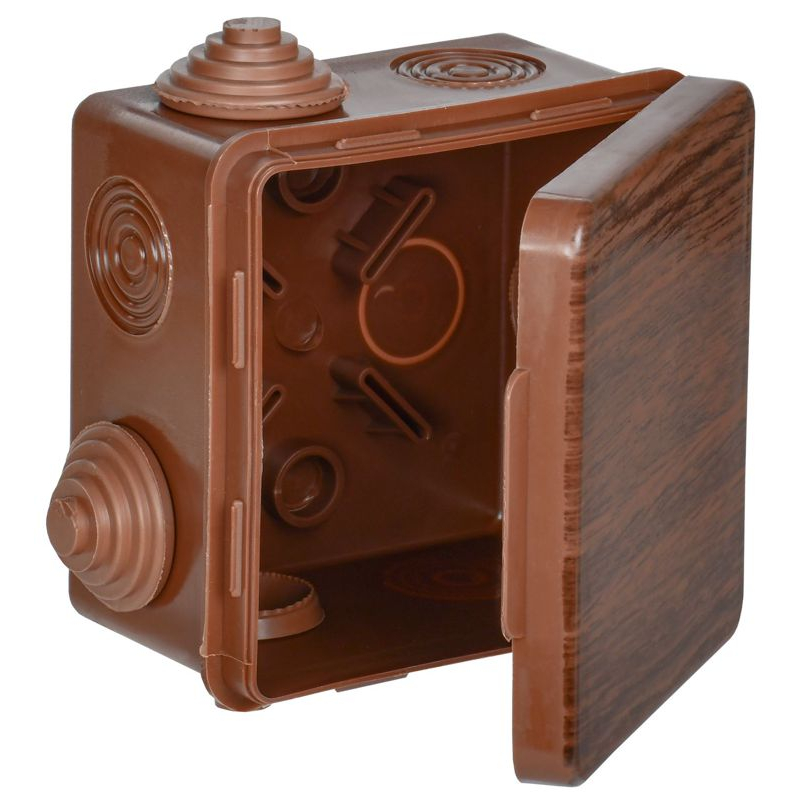 Коробка распаячная КМ для открытой проводки с откидной крышкой 80х80х50мм IP54 7 гермовводов дуб IEK