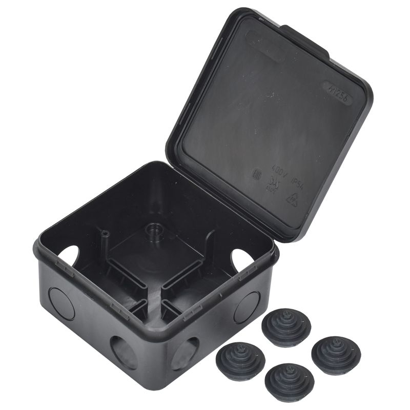 Коробка распаячная КМ41256 для открытой проводки с откидной крышкой безгалогенная (HF) 100х100х50мм IP54 8 гермовводов черная (RAL 9005) IEK