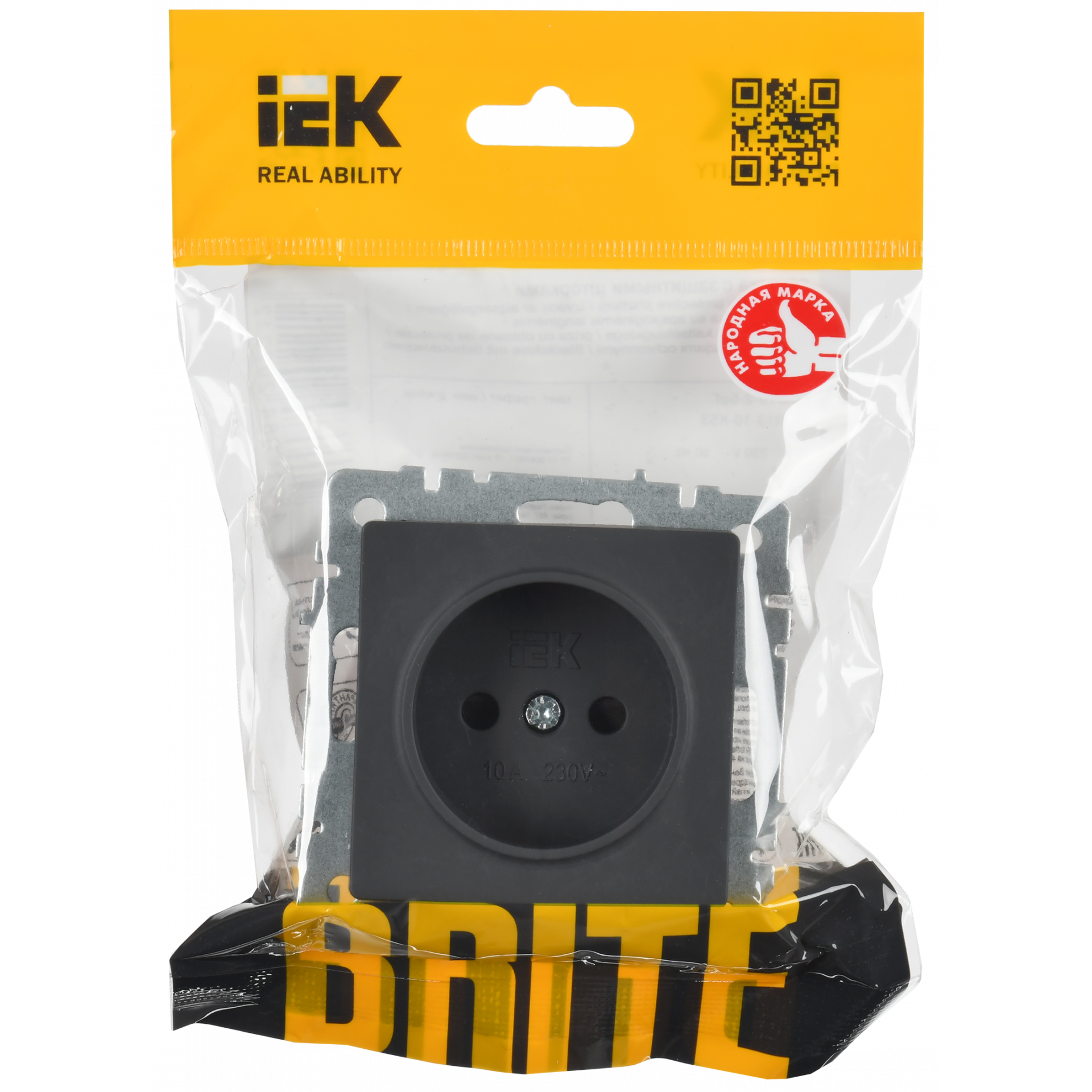 BRITE Розетка 1-местная без заземления с защитными шторками 10А РСш10-2-БрГ графит IEK