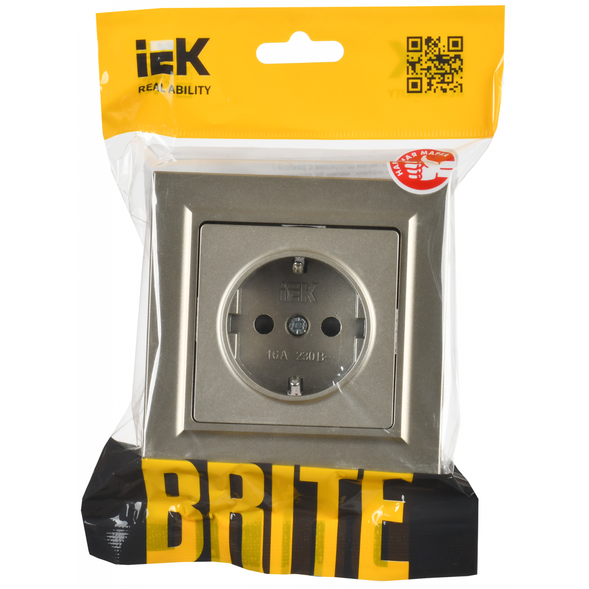 BRITE Розетка 1-местная с заземлением с защитными шторками 16А в сборе РСР14-1-0-БрШ шампань IEK