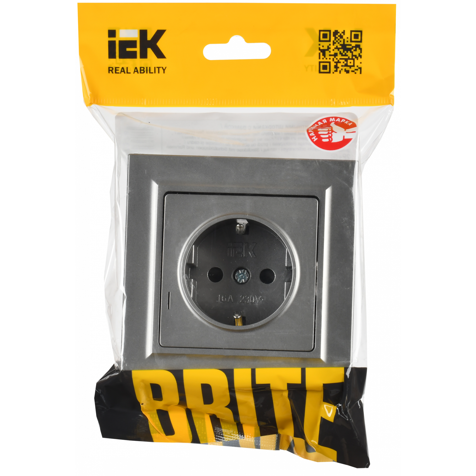 BRITE Розетка 1-местная с заземлением с защитными шторками 16А в сборе РСР14-1-0-БрС сталь IEK