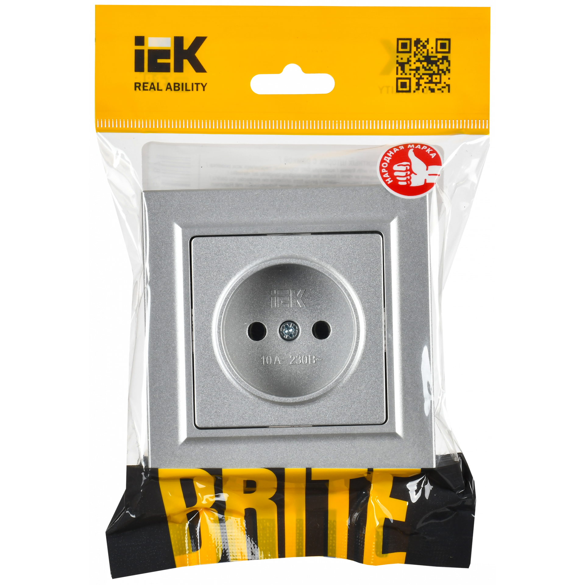 BRITE Розетка 1-местная с заземлением с защитными шторками 16А в сборе РСР14-1-0-БрА алюминий IEK