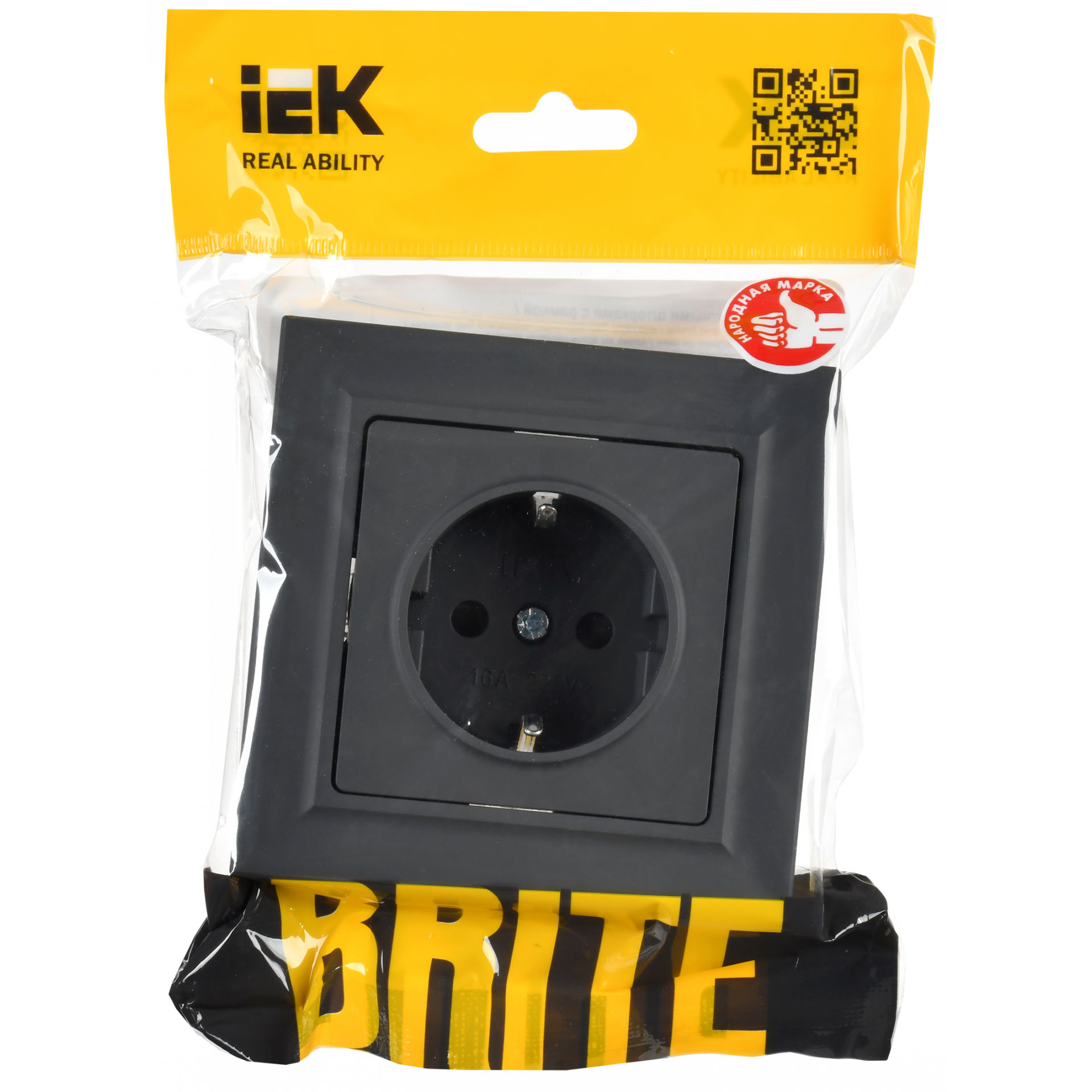 BRITE Розетка 1-местная с заземлением с защитными шторками 16А в сборе РСР14-1-0-БрГ графит IEK