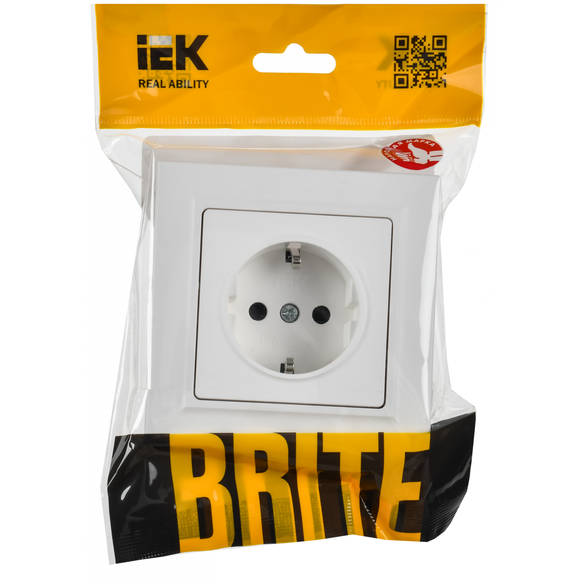 BRITE Розетка 1-местная с заземлением с защитными шторками 16А в сборе РСР14-1-0-БрАБ арктический белый IEK