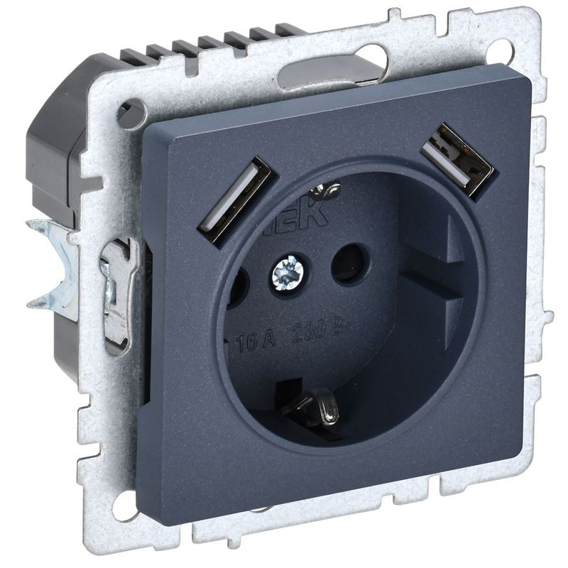 BRITE Розетка 1-местная с заземлением с защитными шторками 16А с USB A+A 5В 2,1А РЮш10-1-БрМ маренго IEK