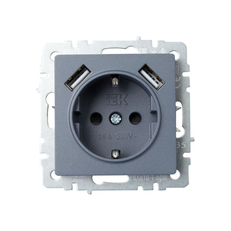 BRITE Розетка 1-местная с заземлением с защитными шторками 16А с USB A+A 5В 2,1А РЮш10-1-БрМ маренго IEK