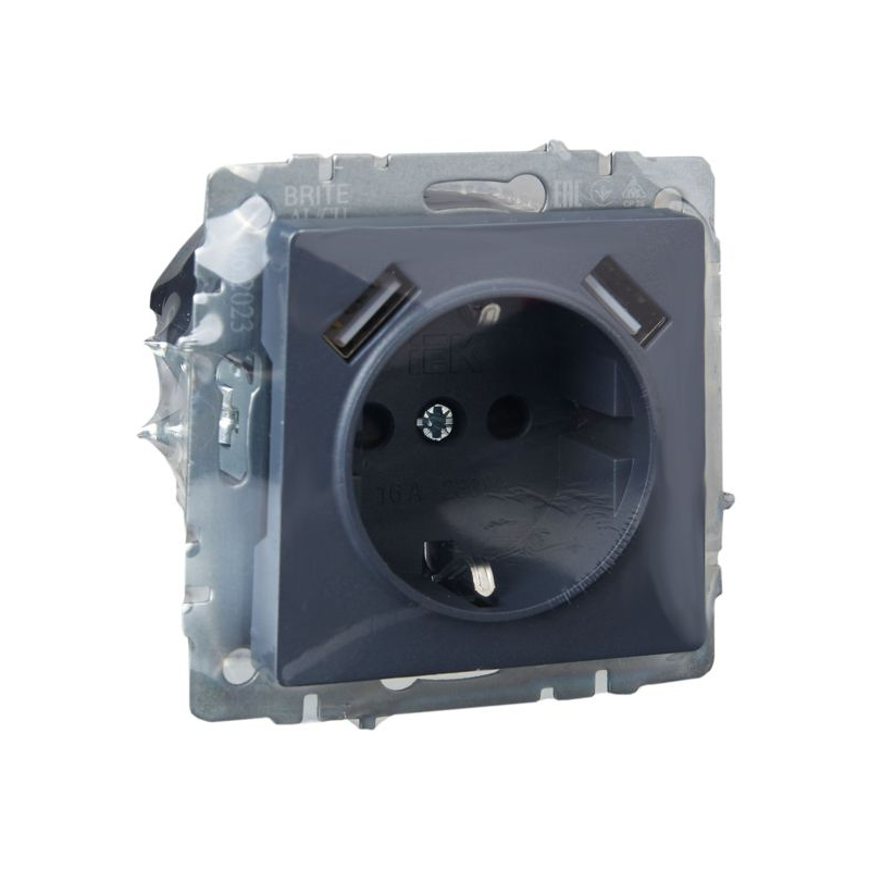 BRITE Розетка 1-местная с заземлением с защитными шторками 16А с USB A+A 5В 2,1А РЮш10-1-БрМ маренго IEK