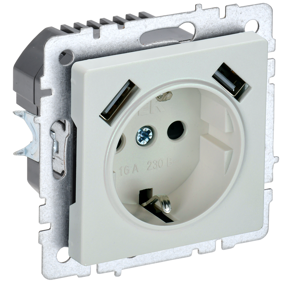 BRITE Розетка 1-местная с заземлением с защитными шторками 16А с USB A+A 5В 2,1А РЮш10-1-БрЖ жемчуг IEK