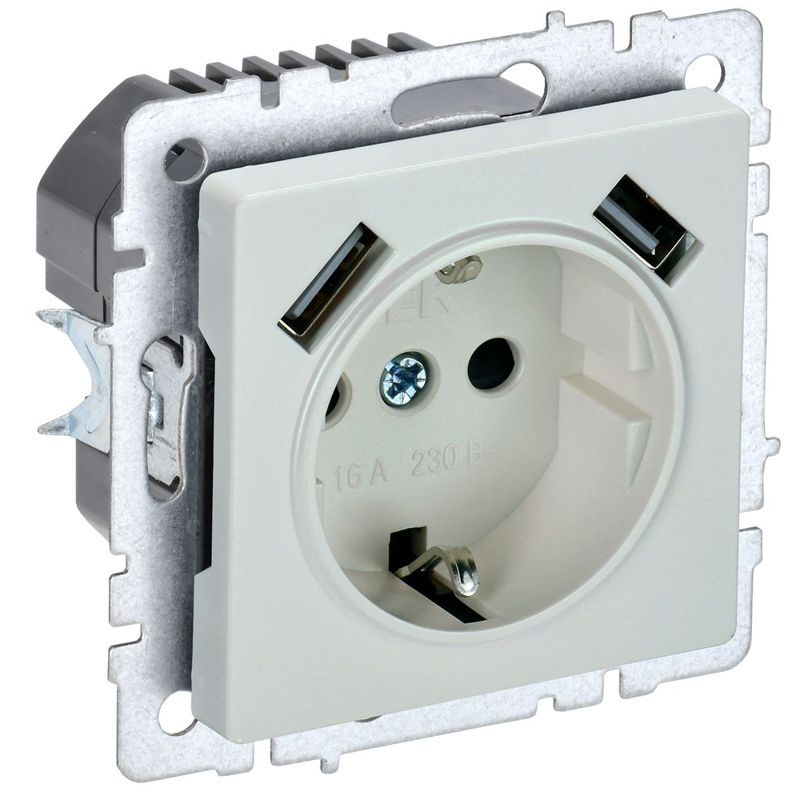 BRITE Розетка 1-местная с заземлением с защитными шторками 16А с USB A+A 5В 2,1А РЮш10-1-БрЖ жемчуг IEK
