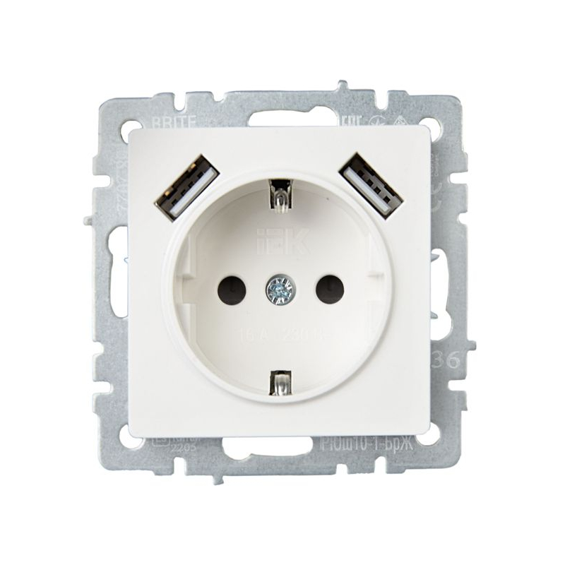 BRITE Розетка 1-местная с заземлением с защитными шторками 16А с USB A+A 5В 2,1А РЮш10-1-БрЖ жемчуг IEK
