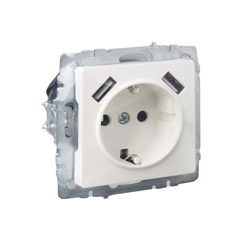 BRITE Розетка 1-местная с заземлением с защитными шторками 16А с USB A+A 5В 2,1А РЮш10-1-БрЖ жемчуг IEK